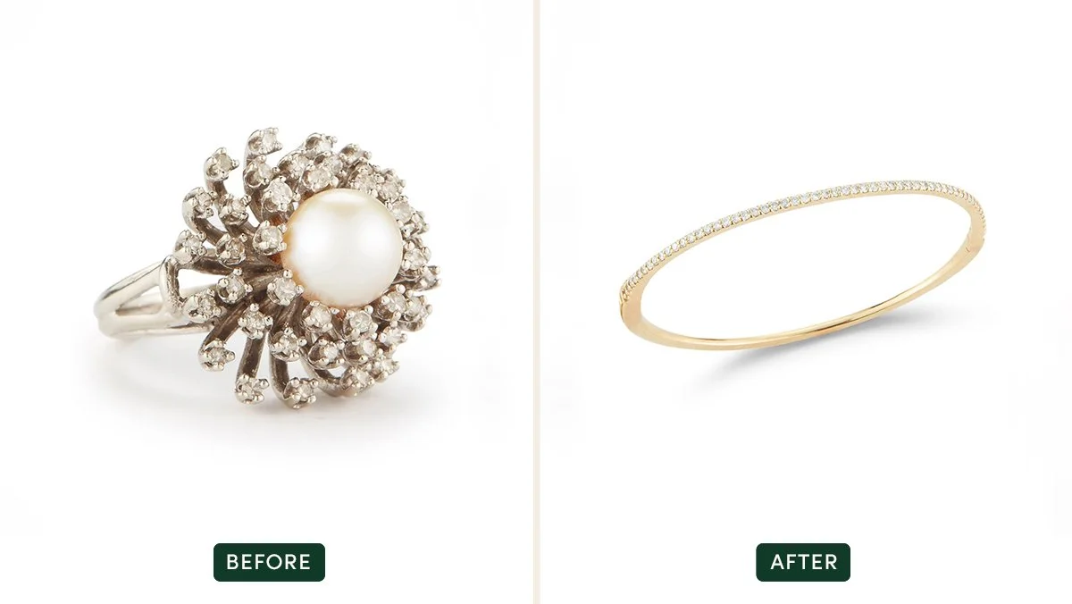 Two images showing a before and after redesign. A thin diamond band ring labeled after. 