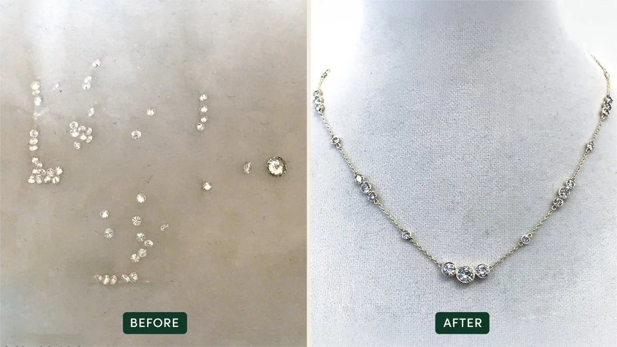 Two images showing a before and after redesign. Scattered diamonds on a surface labeled before. A necklace with diamonds and a silver chain labeled after. 