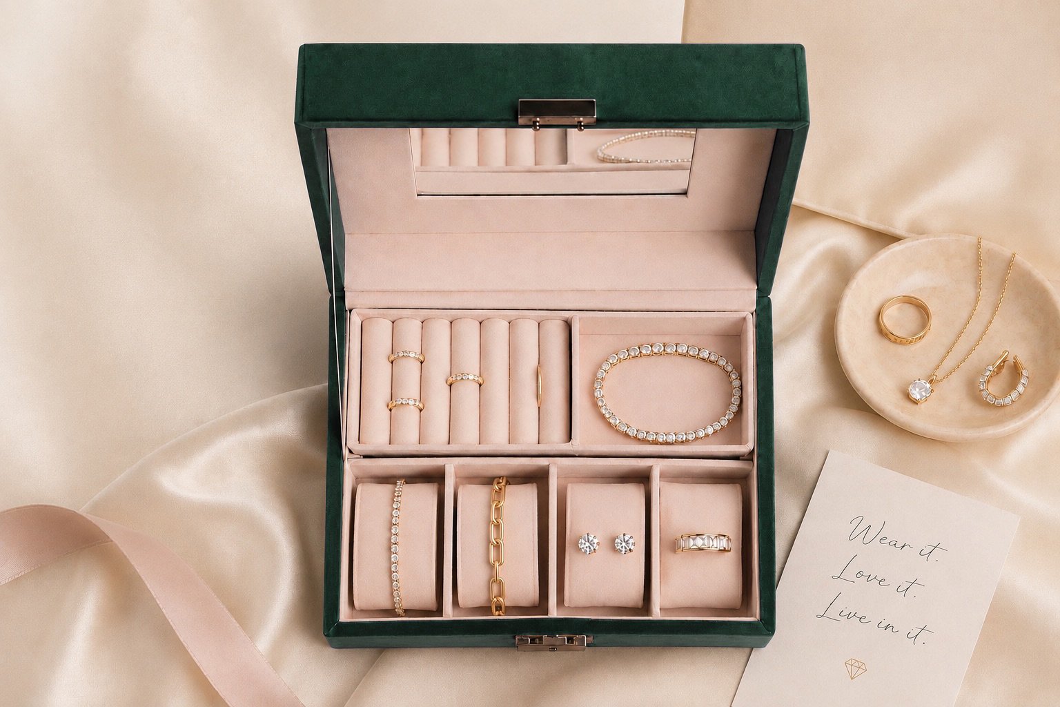 A dark green jewelry box with pink lining filled with gold and diamond jewelry sitting on pink satin background.