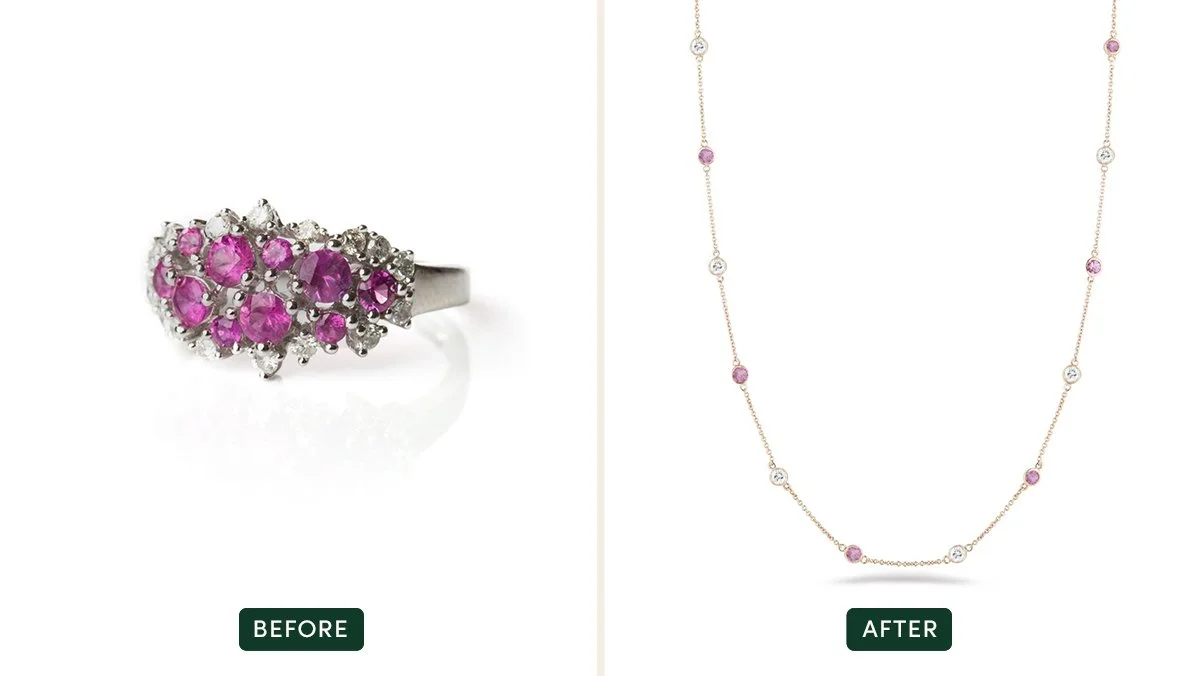 Two images showing a before and after redesign. A diamond and pink stone cluster ring labeled before. A long necklace with diamonds and pink stones  labeled after. 
