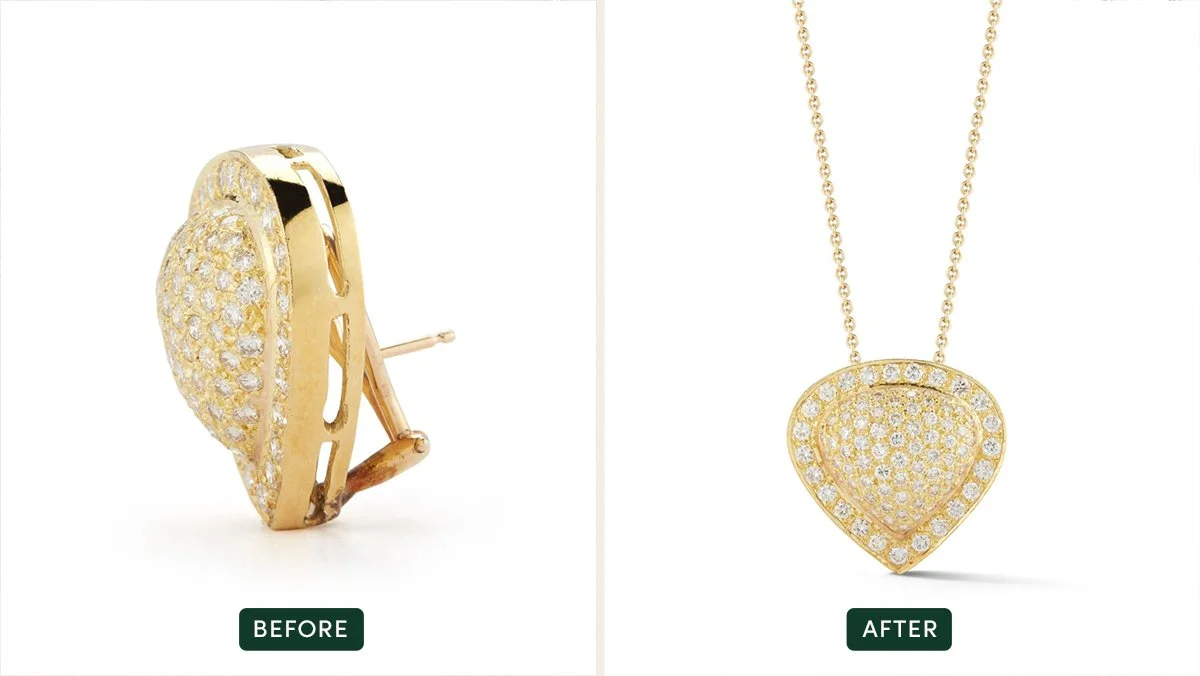 Two images showing a before and after redesign. A gold diamond encrusted charm on a gold chain labeled after.