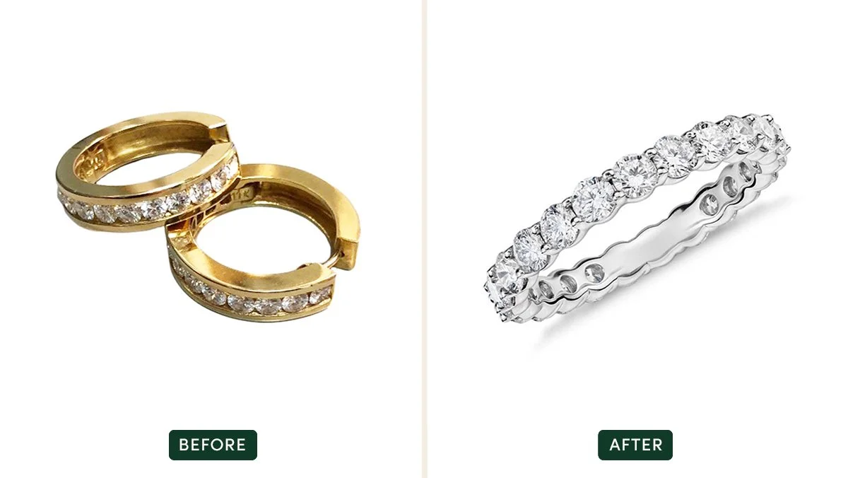 Two images showing a before and after redesign. Two gold and diamond earrings labeled before. A single silver and diamond band ring labeled after. 