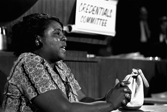Mrs. Fannie Lou Hamer speaks before the Credentials Committee of the Democratic National Convention in Atlantic City, 8/22/1964; AP.