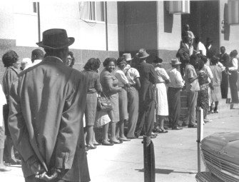 “Freedom Day” in Selma, October 1963. A long line at the courthouse to apply to register to vote. Image: © John Kouns.