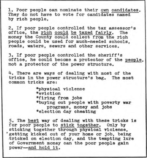 “Lessons from the Elections” page from a Lowndes County Freedom Organization (LCFO) pamphlet. Click to read in full.
