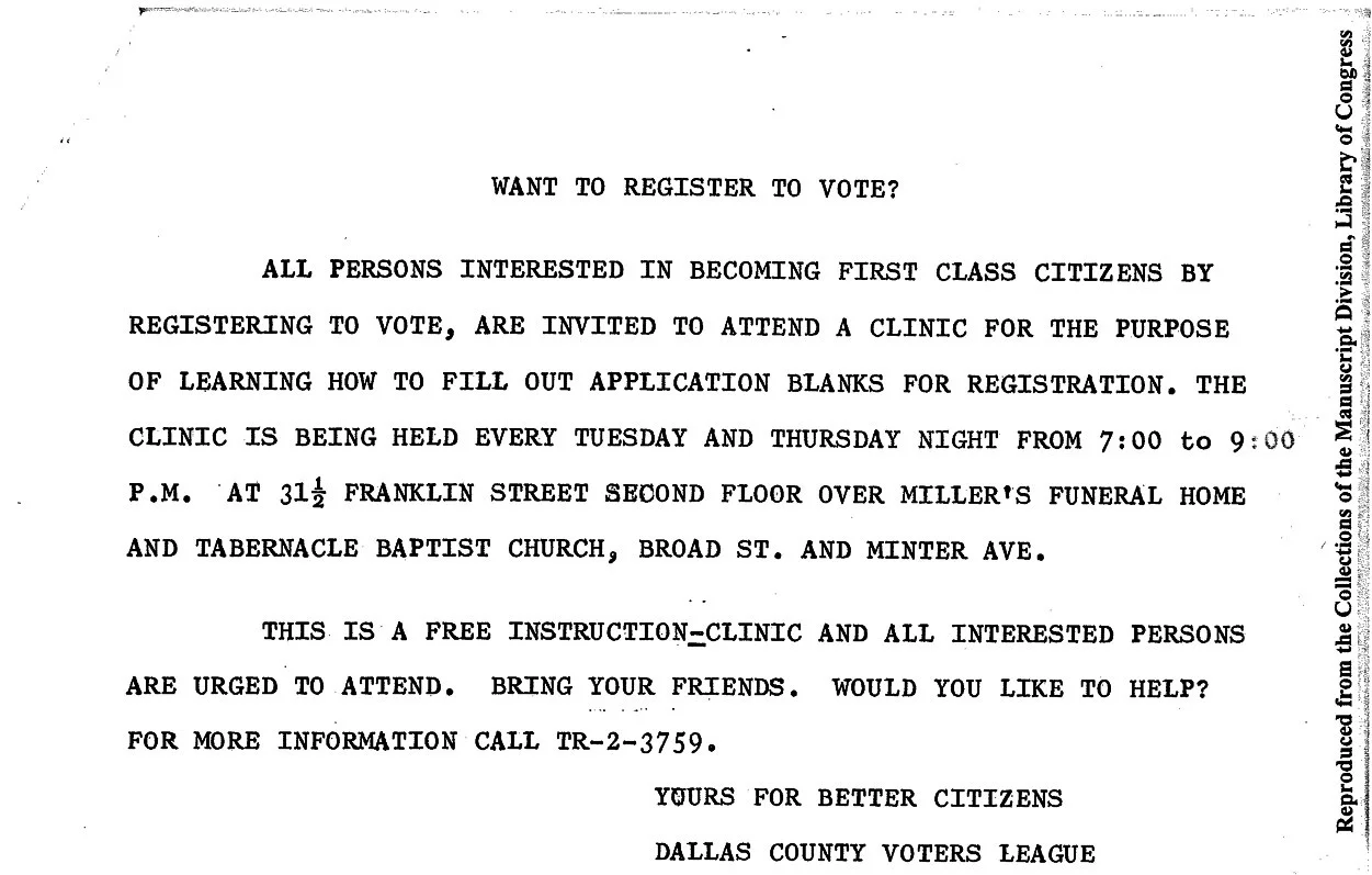 “Want to register to vote?” DCVL flier. (Click image to read.) From James Forman papers at the Library of Congress.