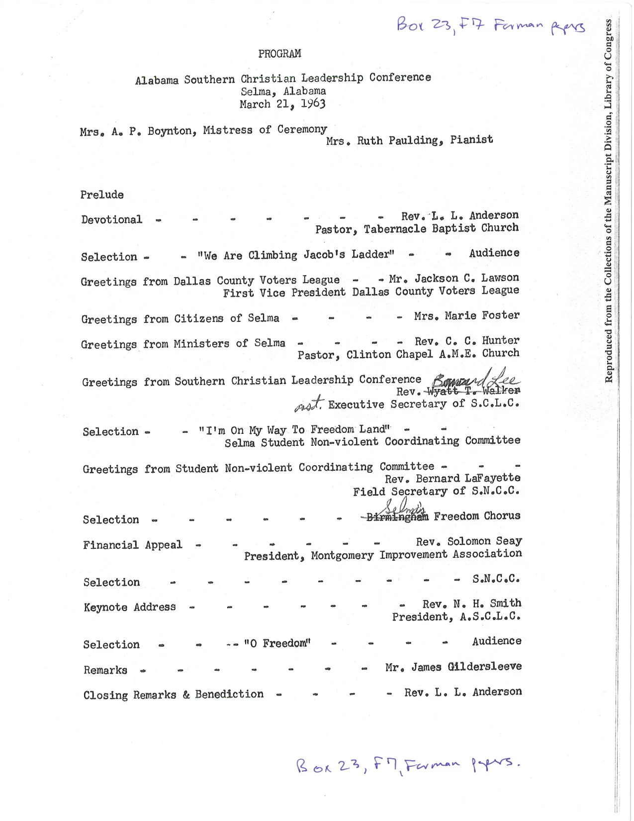 Program from March 21, 1963 Alabama SCLC event. (Click image to read.) From James Forman papers at the Library of Congress.