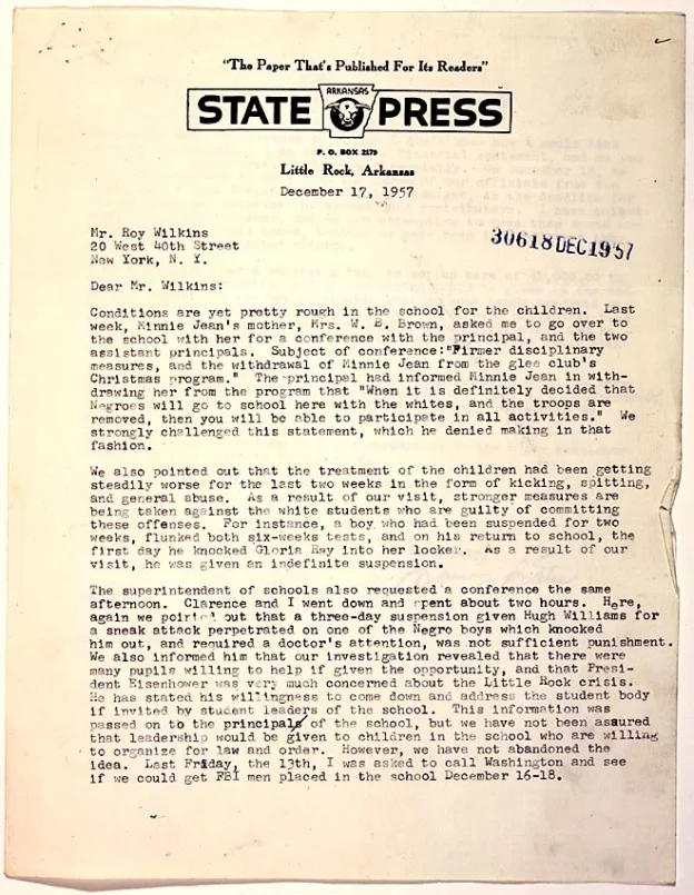 Letter on the treatment of the Little Rock Nine, Dec. 17, 1957 from Daisy Bates to Roy Wilkins. NAACP Collection, Manuscript Division