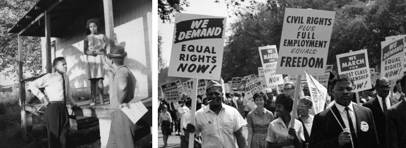 Left Photo: Rutledge Pearson (on left), a former baseball player and president of the Jacksonville NAACP, speaks with a woman about an upcoming jobs and freedom march. Oscar N. Taylor Jr. (on right with hat) was later elected to the City Council of Jacksonville. Photo credit: Wisconsin Historical Society. Right Photo: Civil rights demonstrators make their way through the National Mall during the March on Washington for Jobs and Freedom. Photo credit: Walter Reuther Library.