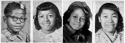 The four girls killed during the 16th Street Baptist Church bombing. From left: Addie Mae Collins (aged 14), Cynthia Wesley (aged 14), Carole Robertson (aged 14) and Denise McNair (aged 11)