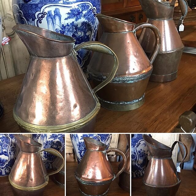 3 big beautiful copper ewers, L > R $275 370H, $195 370H and $275 $430H #importedfromfrance #frenchcopper