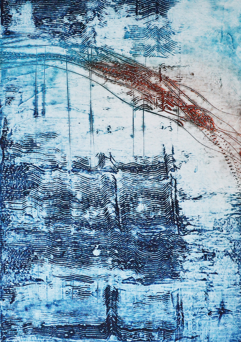  collagraph, 2012 oil based ink on fabriano rosaspina image size 17cm x 23.5cm  I live close to the sea. I can feel it, hear it, and taste it in the air. The sea and my surrounding environment strongly influences my art. A few days after the full moo