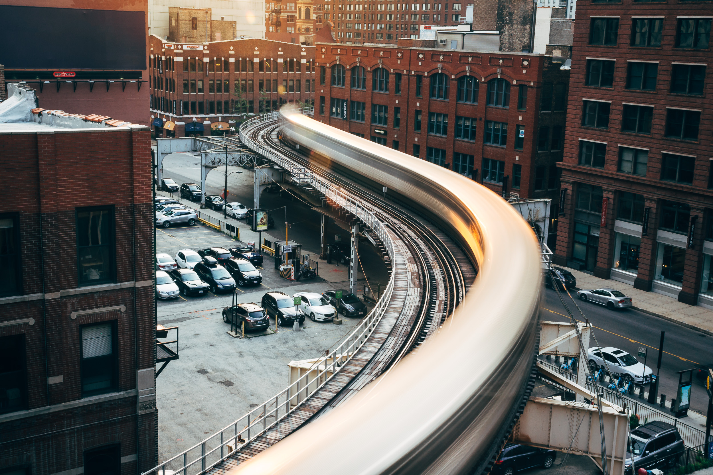 Long exposure of The El elevated commuter train in Chicago at sunset