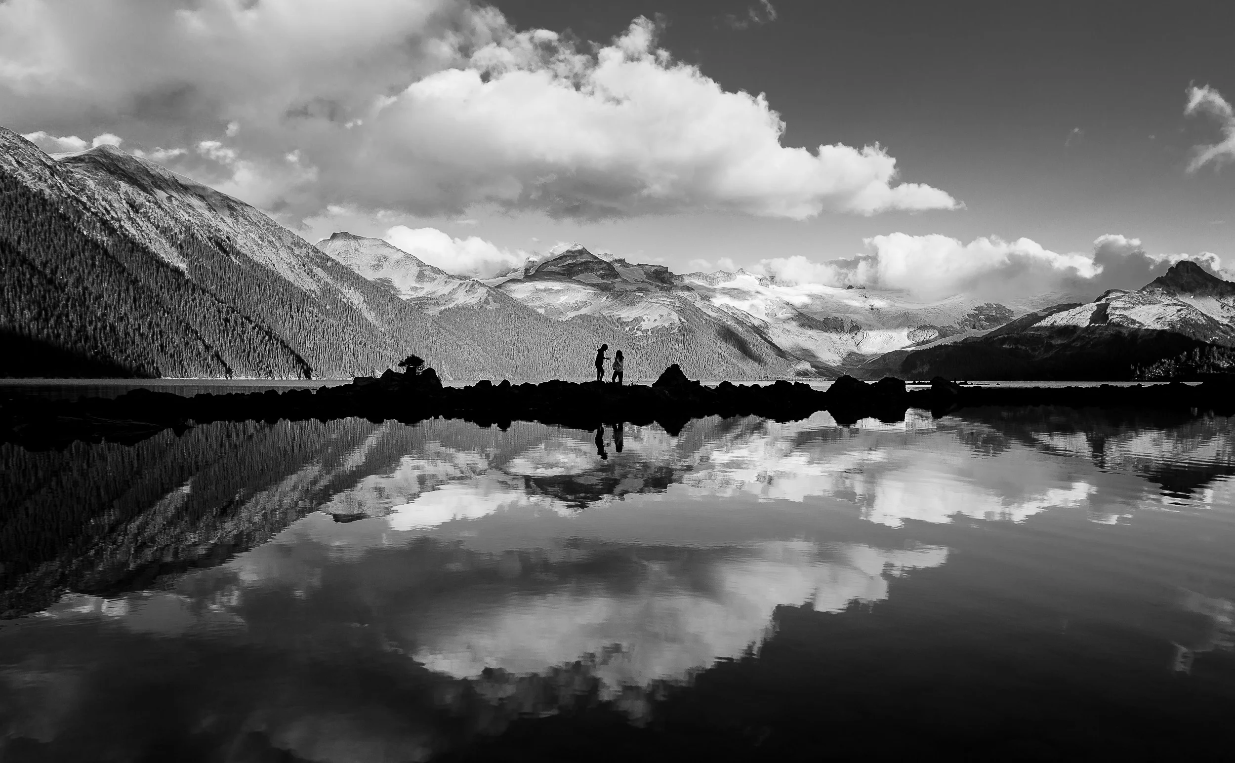 Black and white symmetrical landscape photo at Garibaldi Lake north of Vancouver, British Columbia in Canada