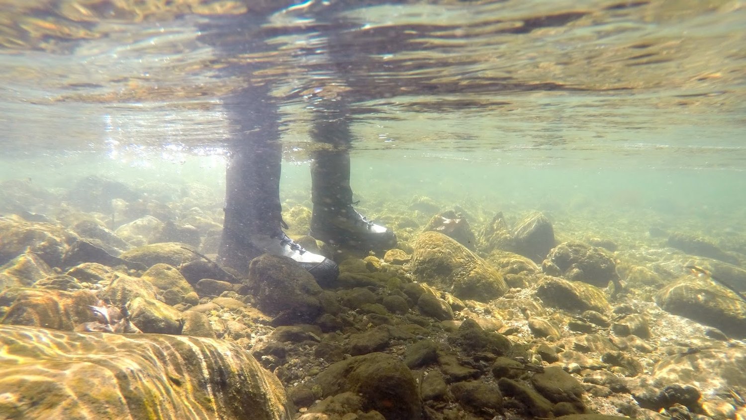 Wading boots underwater.