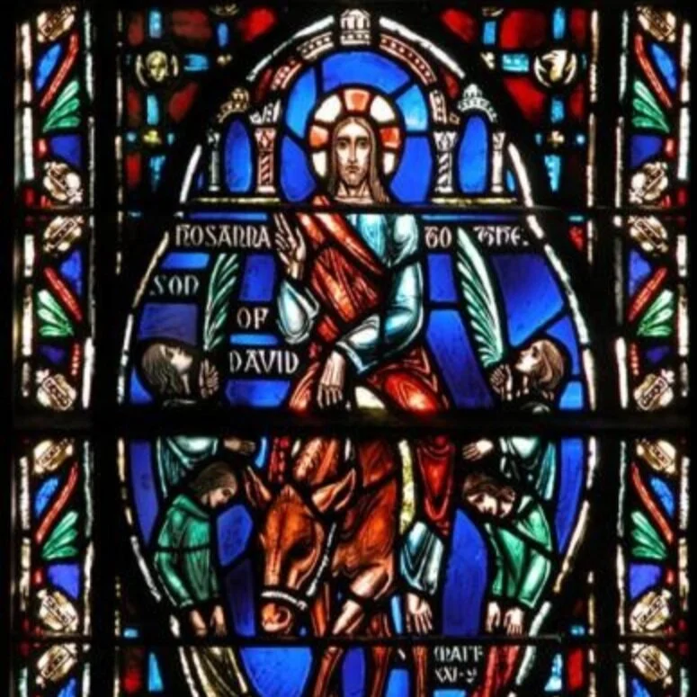 Triumphal Entry in the Preparation Window / Charles Connick Studios / 1930 / 3’ w x 3’ 9” h / Stained glass window