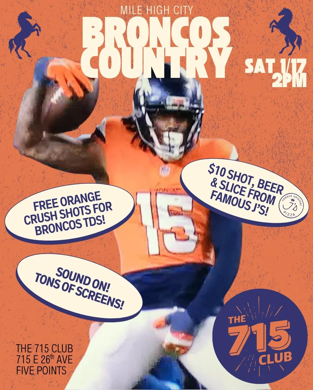 Denver's got a history lesson for you: Buffalo Bill died here. In January. Now, let's make some new memories! Come party with us this Saturday as the Broncos take on The Bills! @famousoriginaljspizza is hooking us up with their legendary $10 shot, sl
