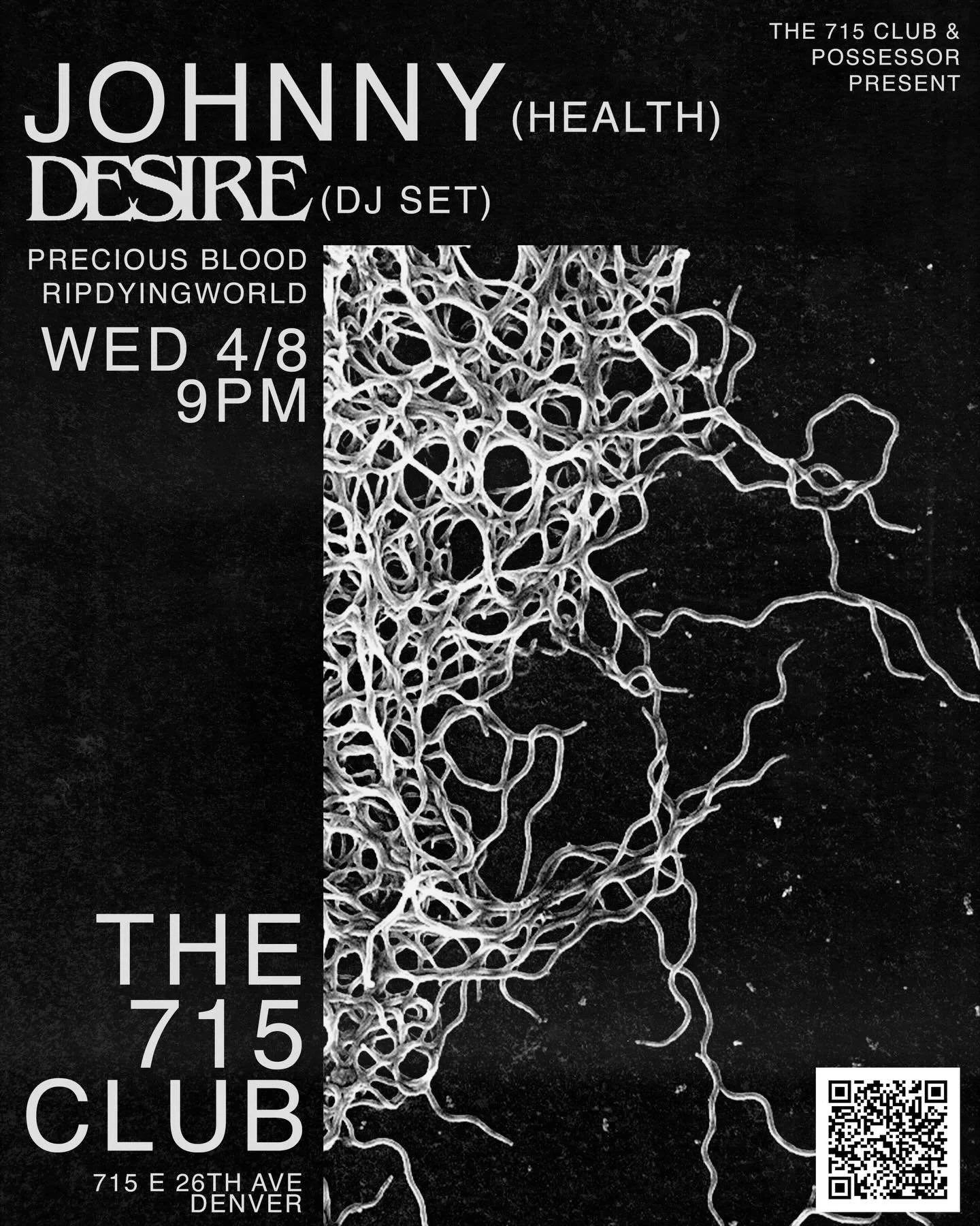 🚨 TICKET RELEASE ALERT 🚨 Wed 4/8 9 PM 21+ @_johnny_health_  is keeping the party going after their show at Mission and he&rsquo;s bringing some friends. Sets from Johnny, @desire_musicofficial (dj set), @precious__blood, @ripdyingworld  Ticket link