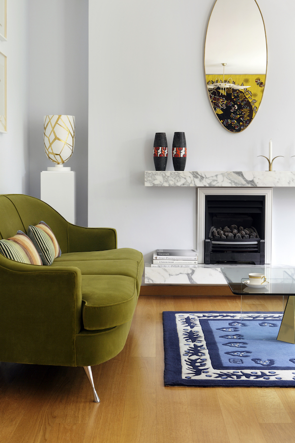 Green velvet sofas covered in fabric from Brian S Nolan
