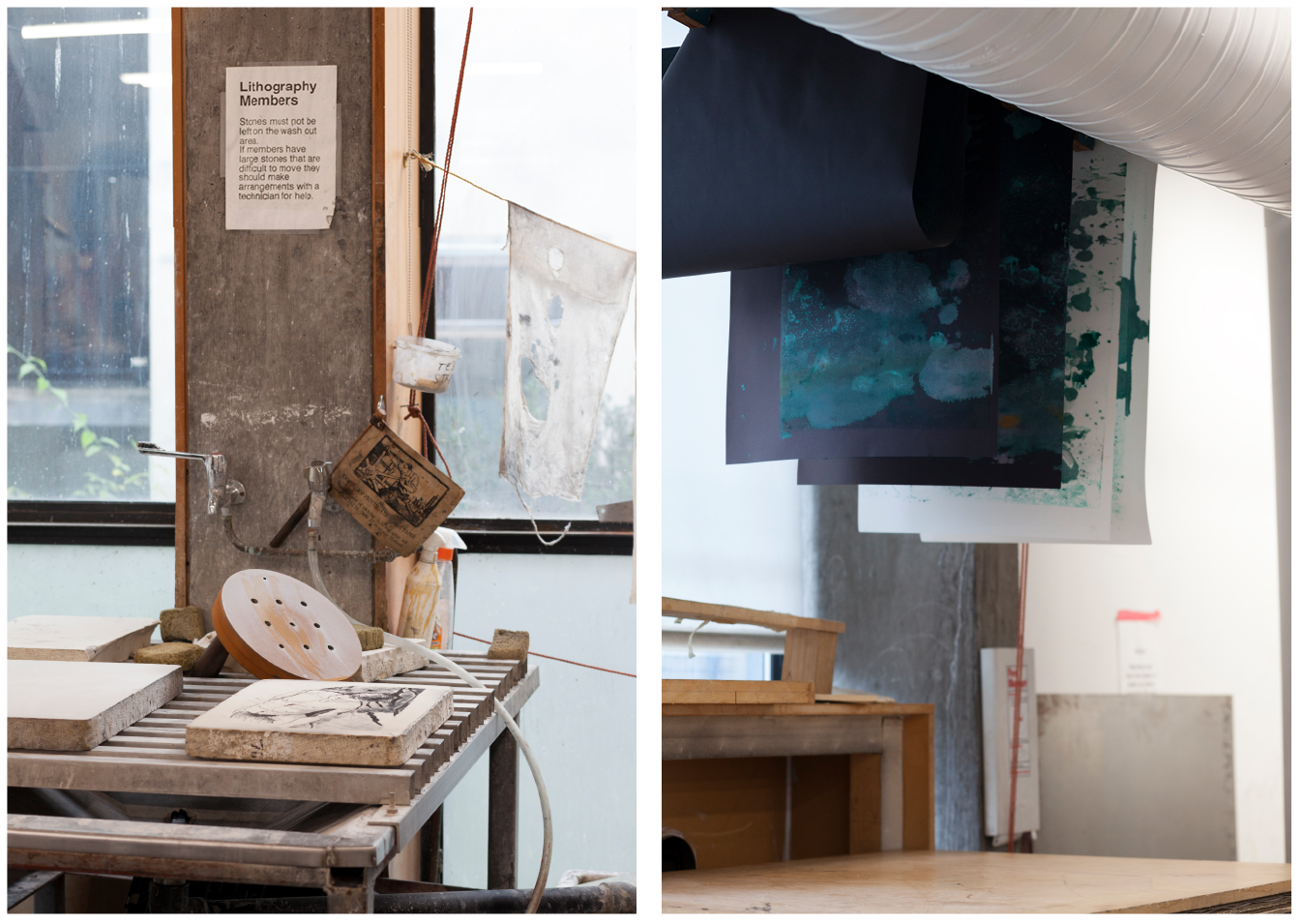 Dave says the stone and grinder has “chemistry involved and a bit of magic. You work with a specific type of limestone that came from a mine in Austria. The mine has now closed down.” Proofs hanging to dry.