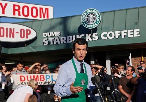 Comedian Nathan Fielder speaks to the press about his Dumb Starbucks Coffee satire project in 2014.