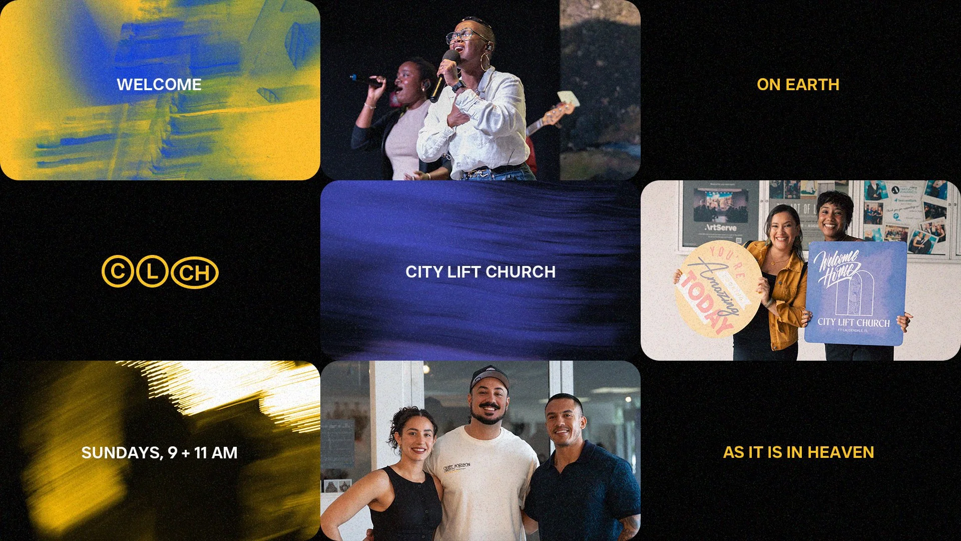 Collage featuring lively photos of people at church events, including singing, holding signs, and group gatherings, with text indicating Sunday services at 9 and 11 AM, titled 'On Earth as it is in Heaven,' for City Lift Church in Fort Lauderdale, FL.