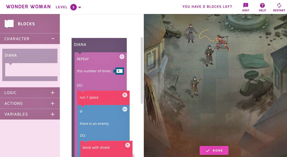 Young coders can use these code blocks to help Wonder Woman overcome obstacles in her path and reach her goals. It's not the first time Made With Code has partnered with a new film to teach girls to code; it did so previously with Pixar's Inside Out .