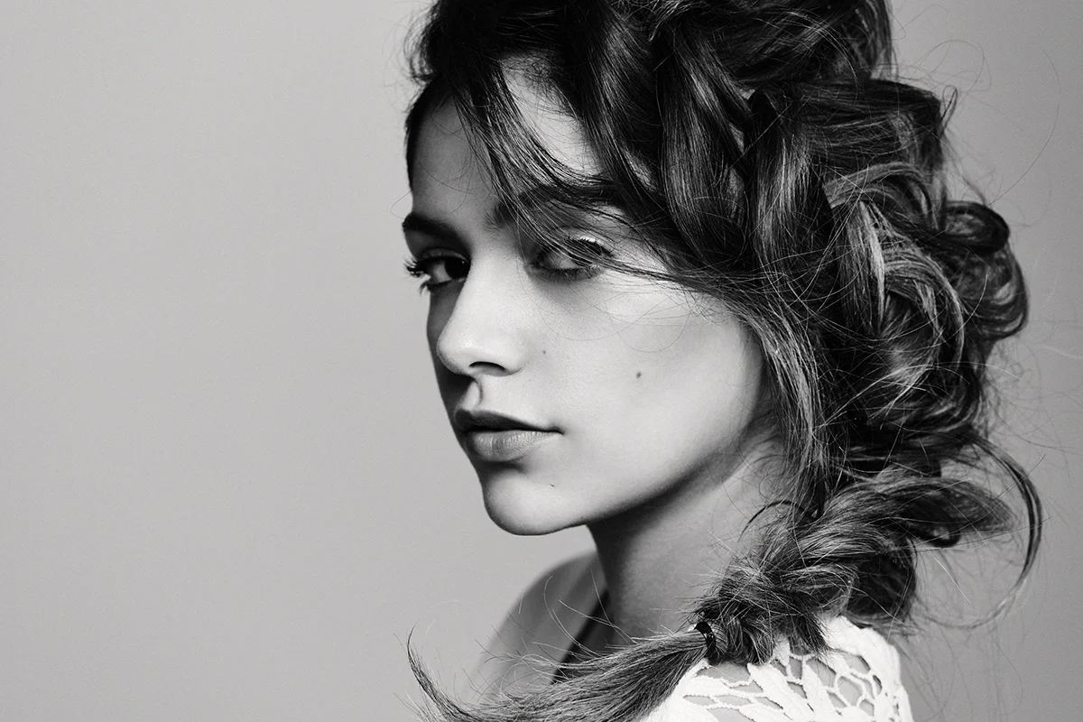 Black and white editorial portrait, hair by Sarah Potempa