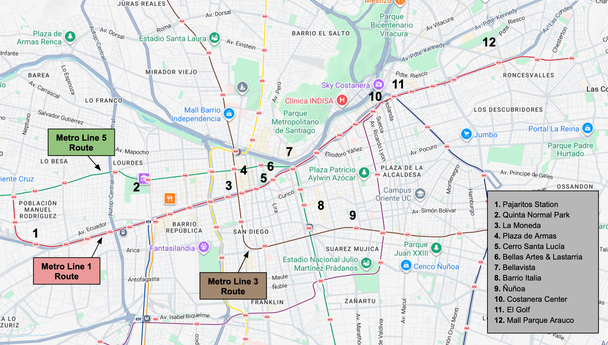 Google map with Santiago metro lines marked, as well as key landmarks.
