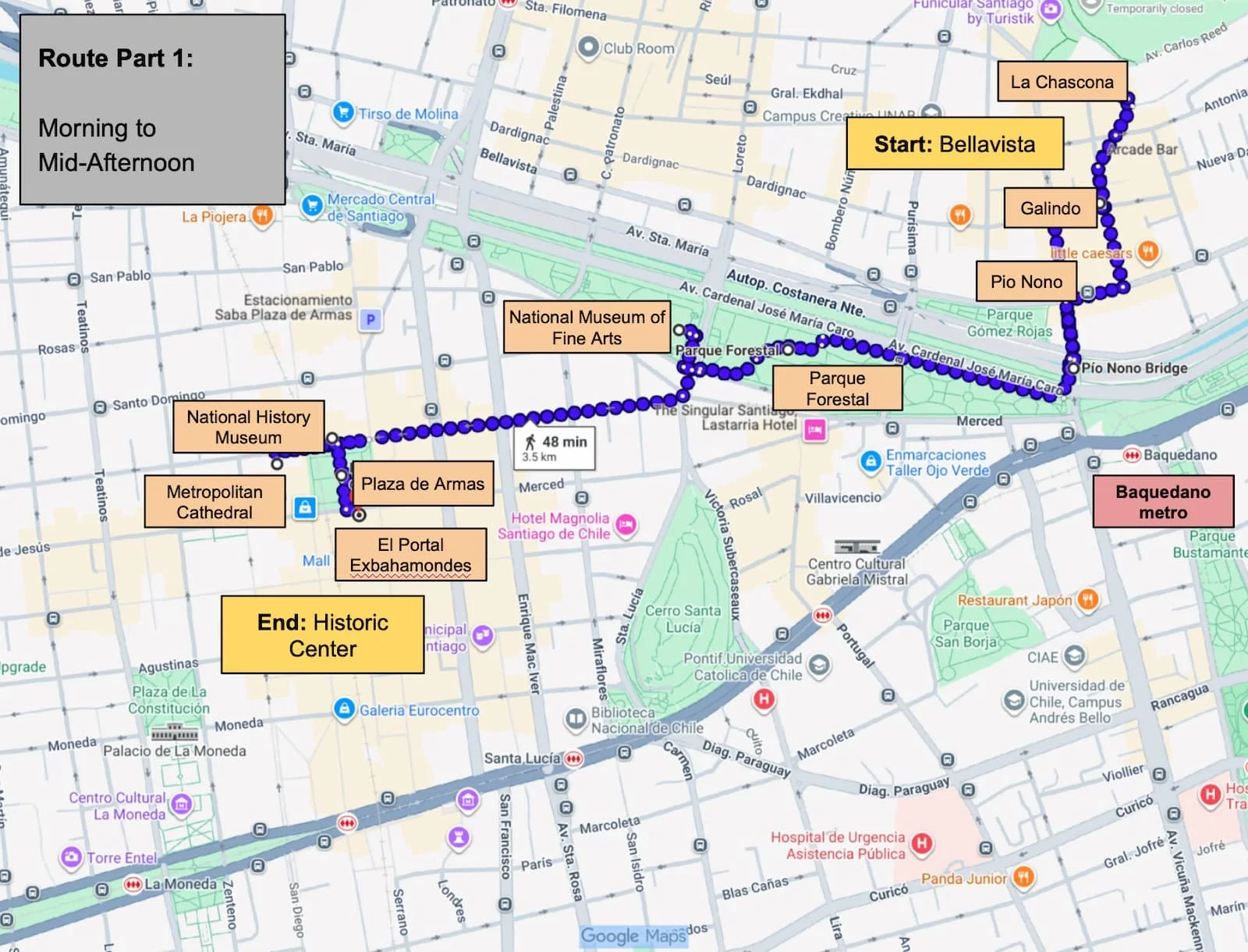 Google Maps itinerary showing grouped locations and walking routes to minimize backtracking in Santiago