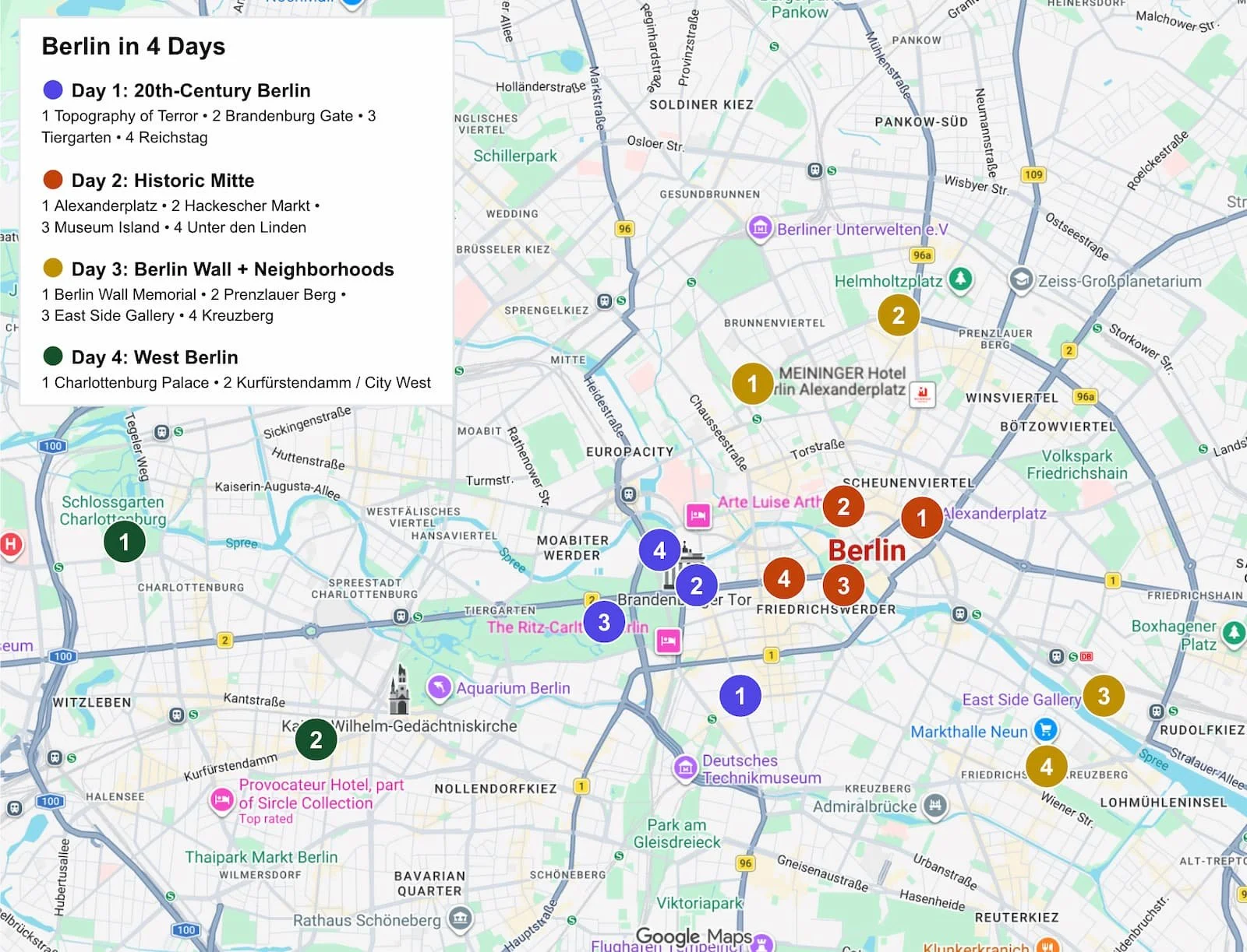 Map of Berlin showing four color-coded itinerary days covering 20th-century landmarks, Historic Mitte, the Berlin Wall and neighborhoods, and West Berlin.