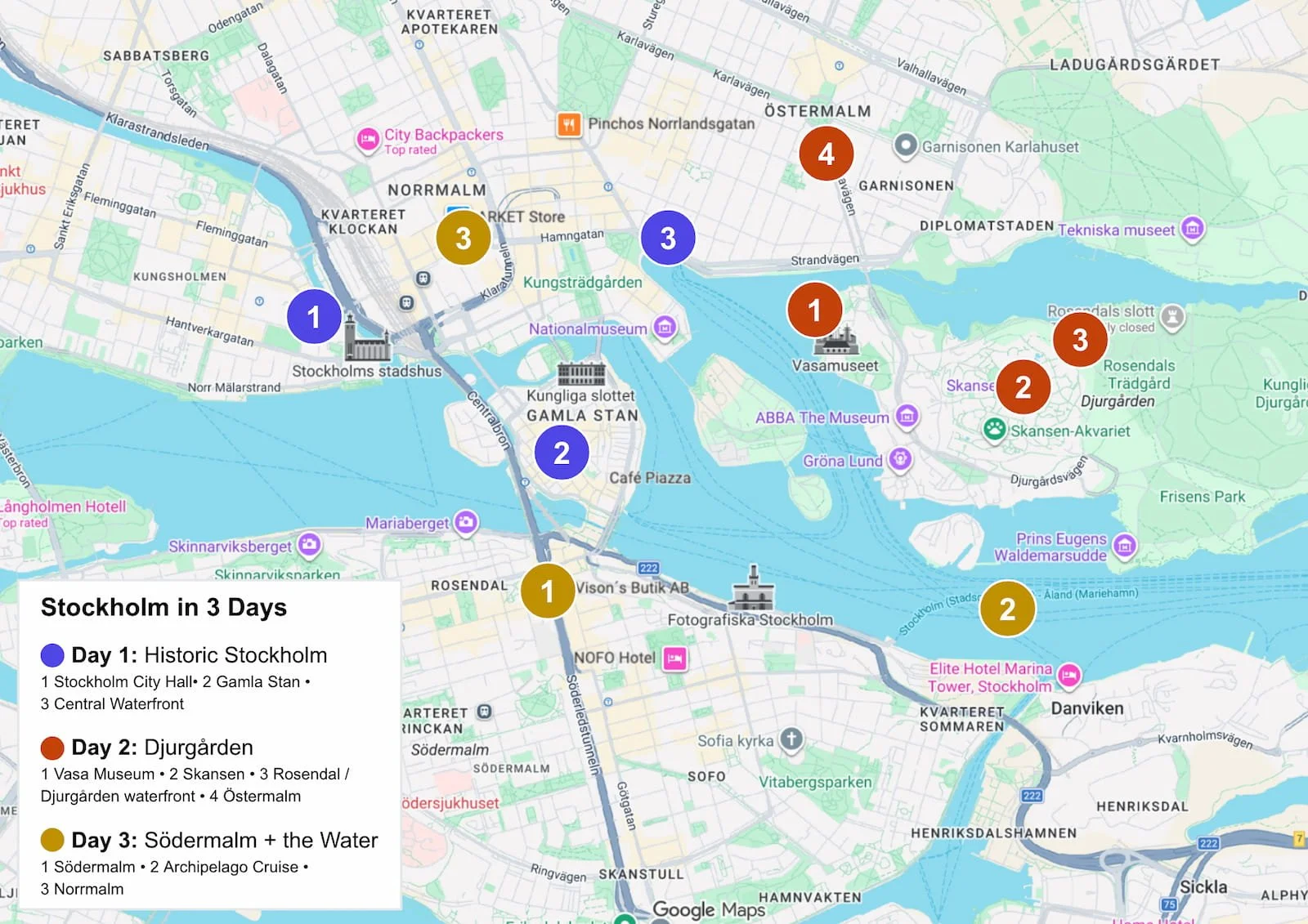 Overview map of a 3-day Stockholm itinerary covering Gamla Stan, Djurgården, Södermalm, and the archipelago cruise