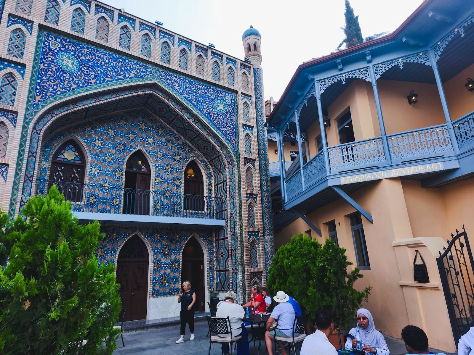 Blue tiled facade of Chreli Abano in Tbilisi's Abanotubani sulfur bath district