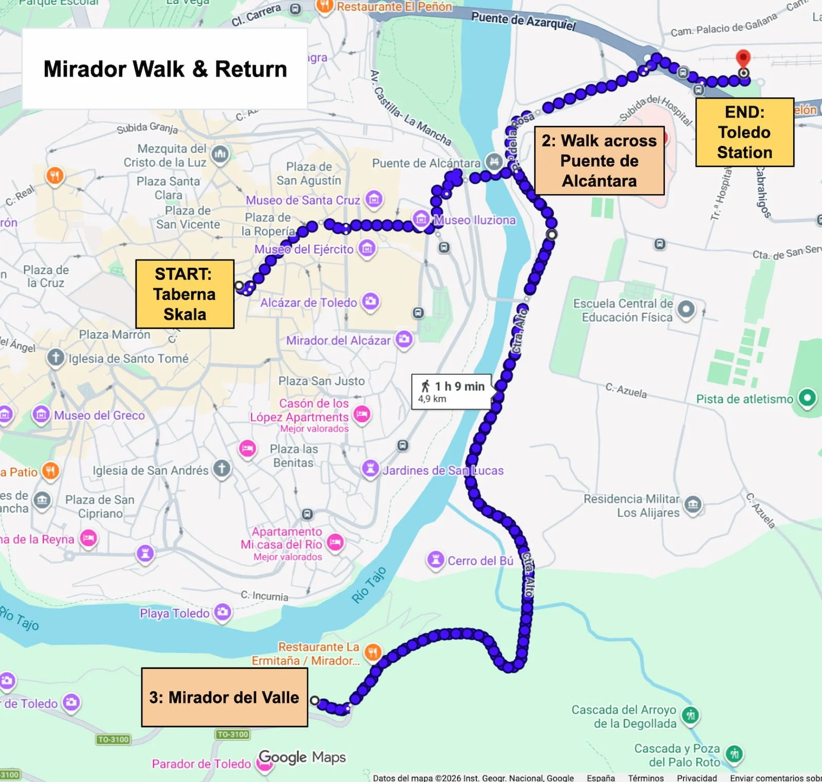 Walking route from Toledo Old Town to Mirador del Valle and Toledo train station.