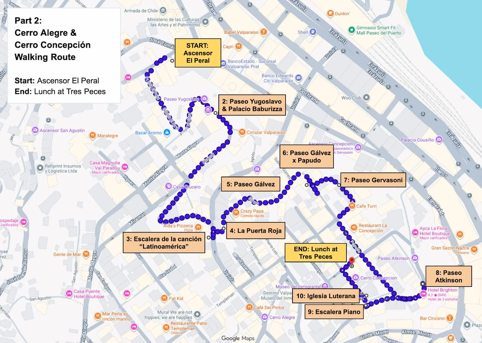 Walking route map through Cerro Alegre and Cerro Concepción in Valparaíso.