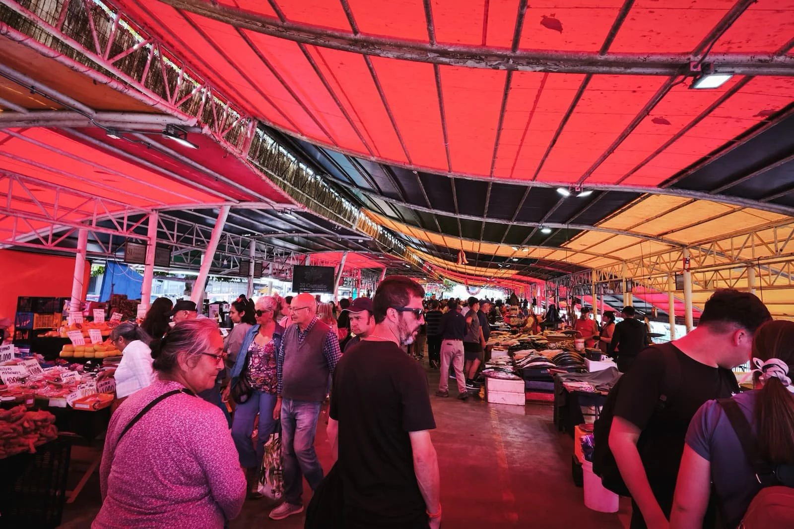 Indoor market in Valdivia, Chile with wet walking surfaces