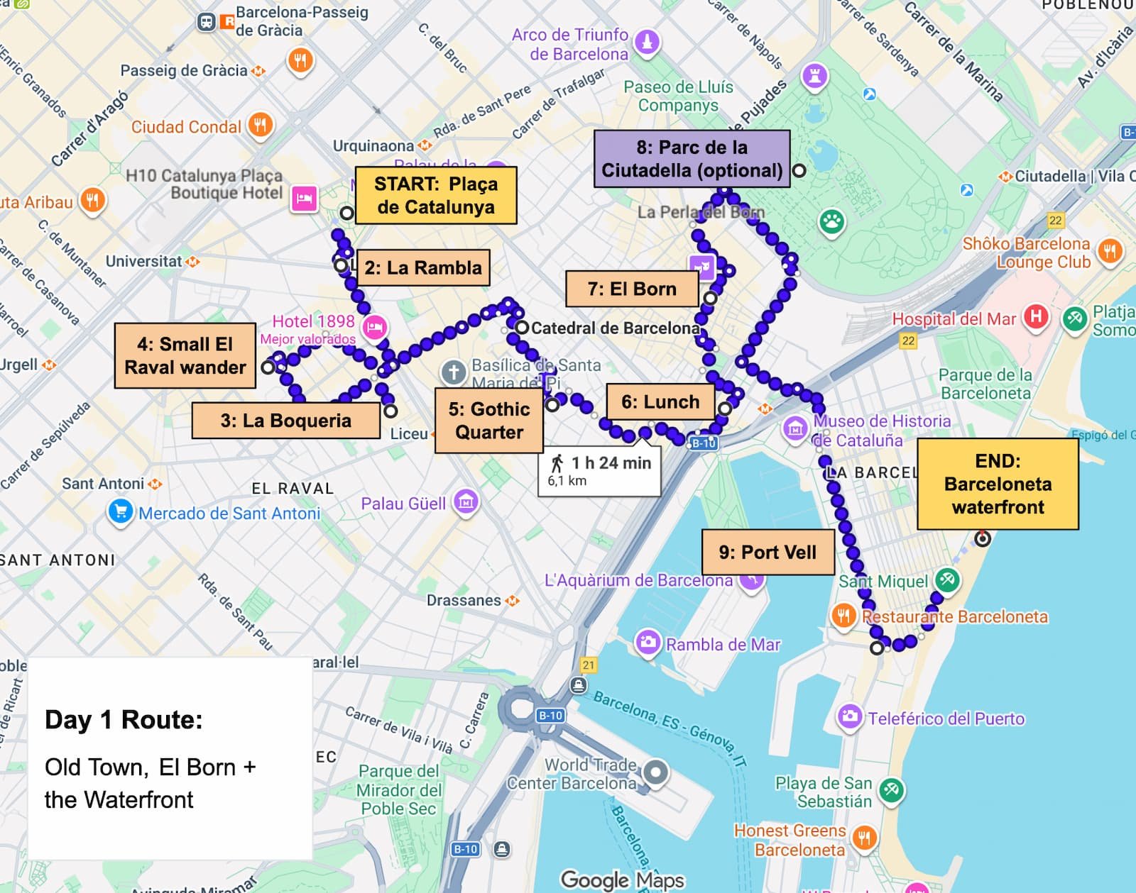 Route map from Plaça de Catalunya through La Rambla, La Boqueria, El Raval, the Gothic Quarter, El Born, and the Barcelona waterfront