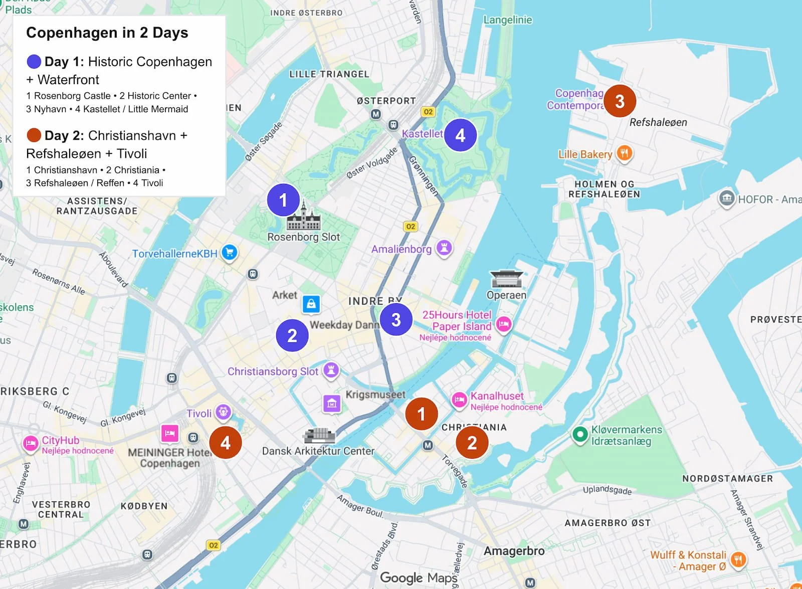 Overview map of the Copenhagen 2-day itinerary showing the main sightseeing areas and stops across both days.