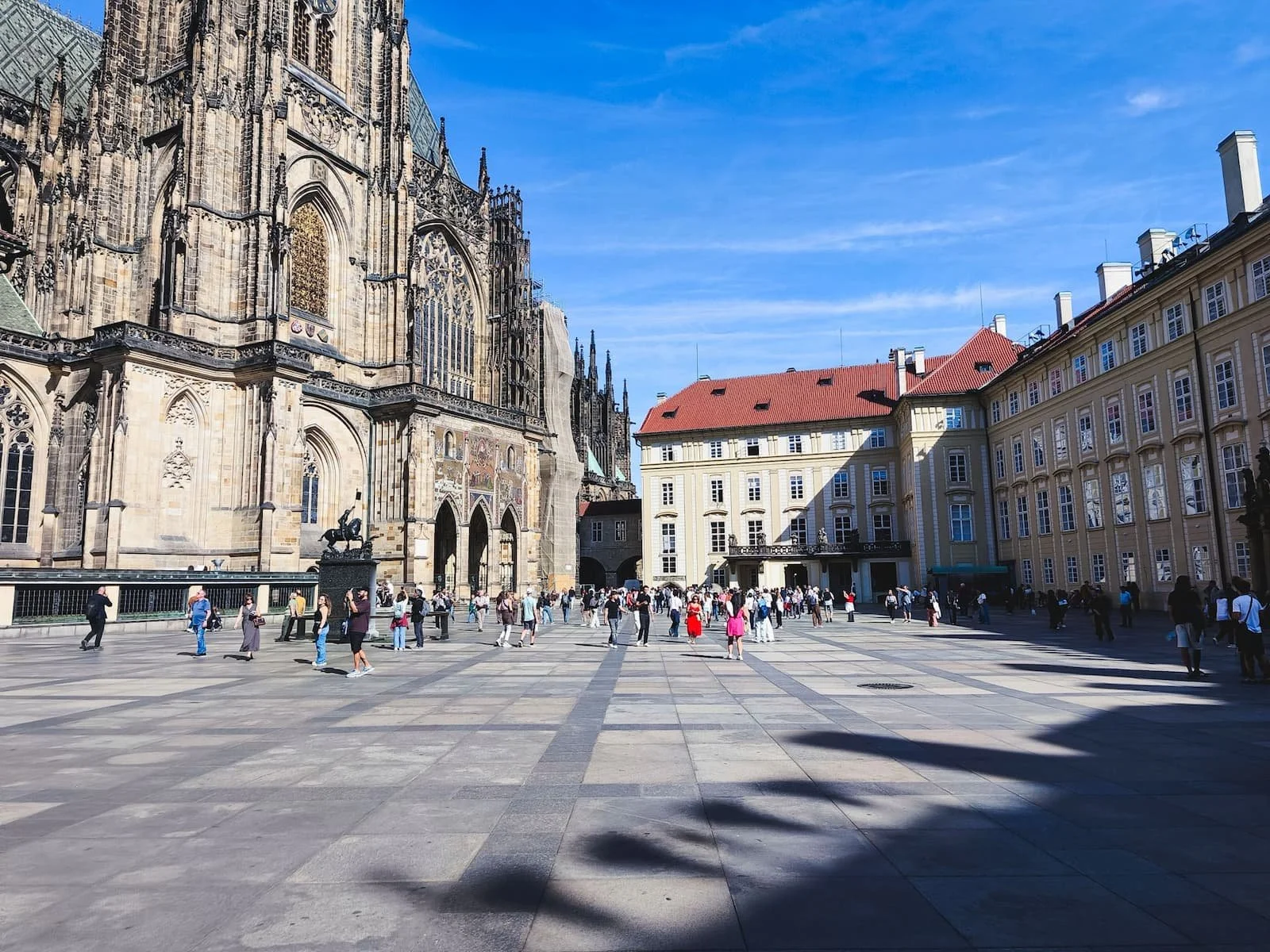Gothic façade of St. Vitus Cathedral overlooking the Third Courtyard of Prague Castle.
