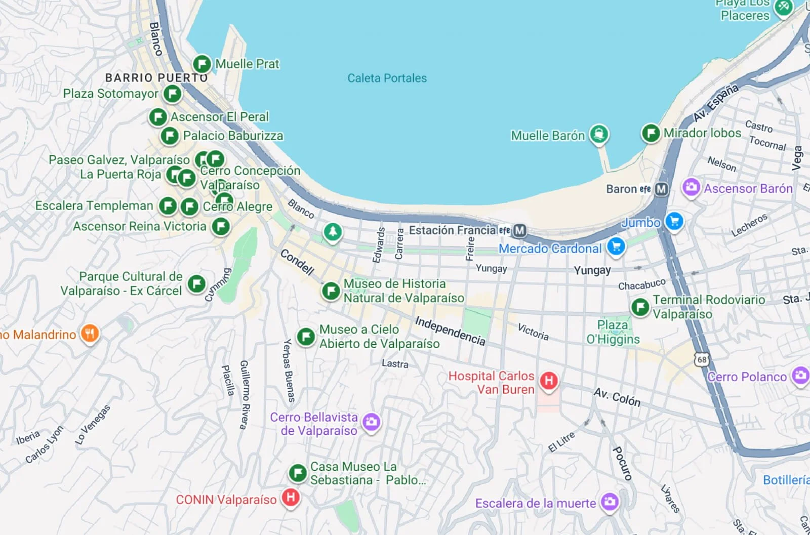 Google Maps wishlist showing saved places across Valparaíso, Chile.