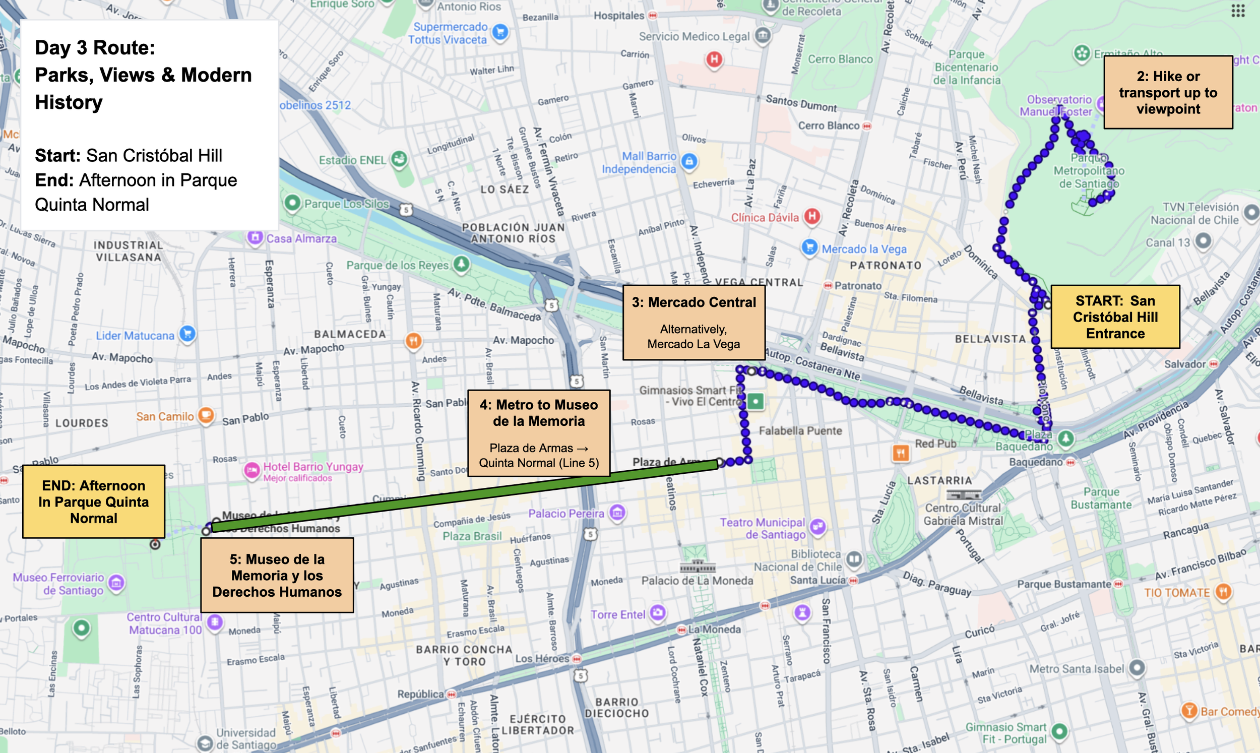 Map of a Santiago Day 3 route from San Cristóbal Hill to Mercado Central and Museo de la Memoria ending in Quinta Normal.