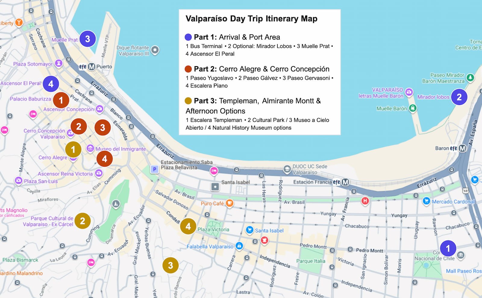 Overview map of a Valparaíso day trip from Santiago showing the bus terminal, optional Mirador Lobos stop, port area, Ascensor El Peral, Cerro Alegre, Cerro Concepción, Parque Cultural, Museo a Cielo Abierto, and Museo de Historia Natural.