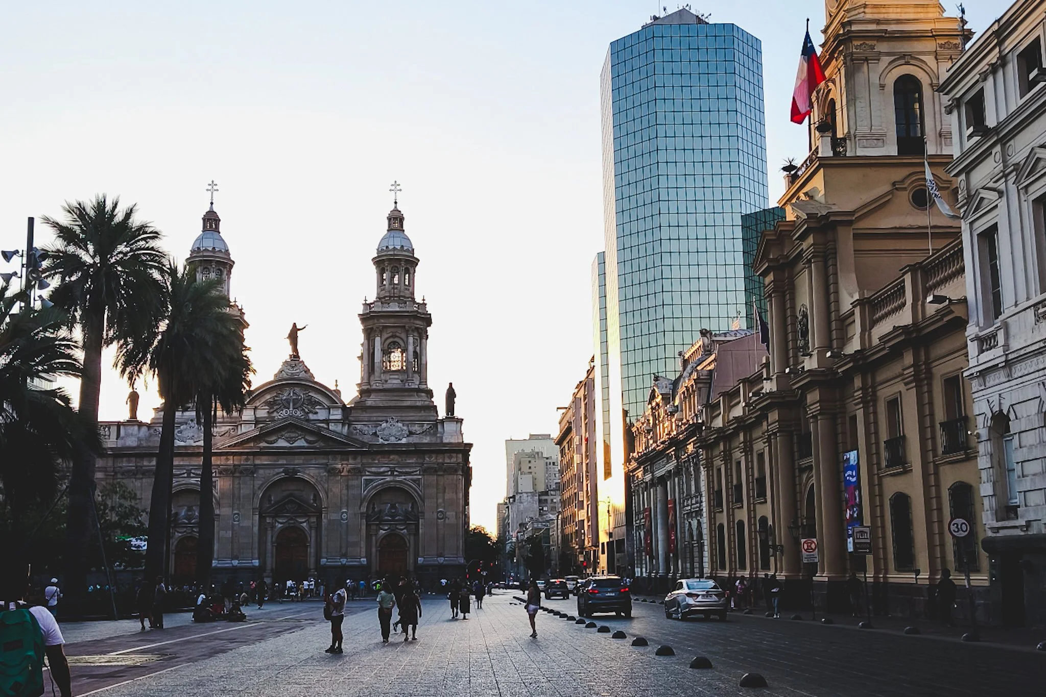Plaza de Armas in Santiago, Chile, showing surrounding historic buildings.