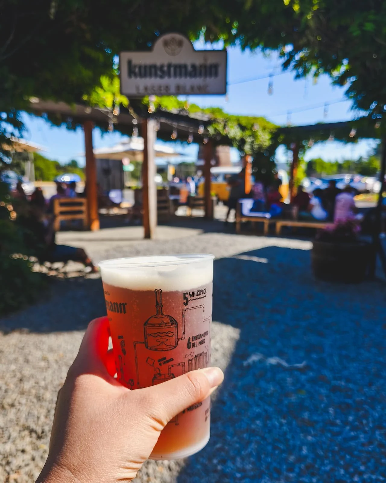 Person holding a glass of Torobayo beer in the outdoor seating area at Cervecería Kunstmann near Valdivia, Chile.