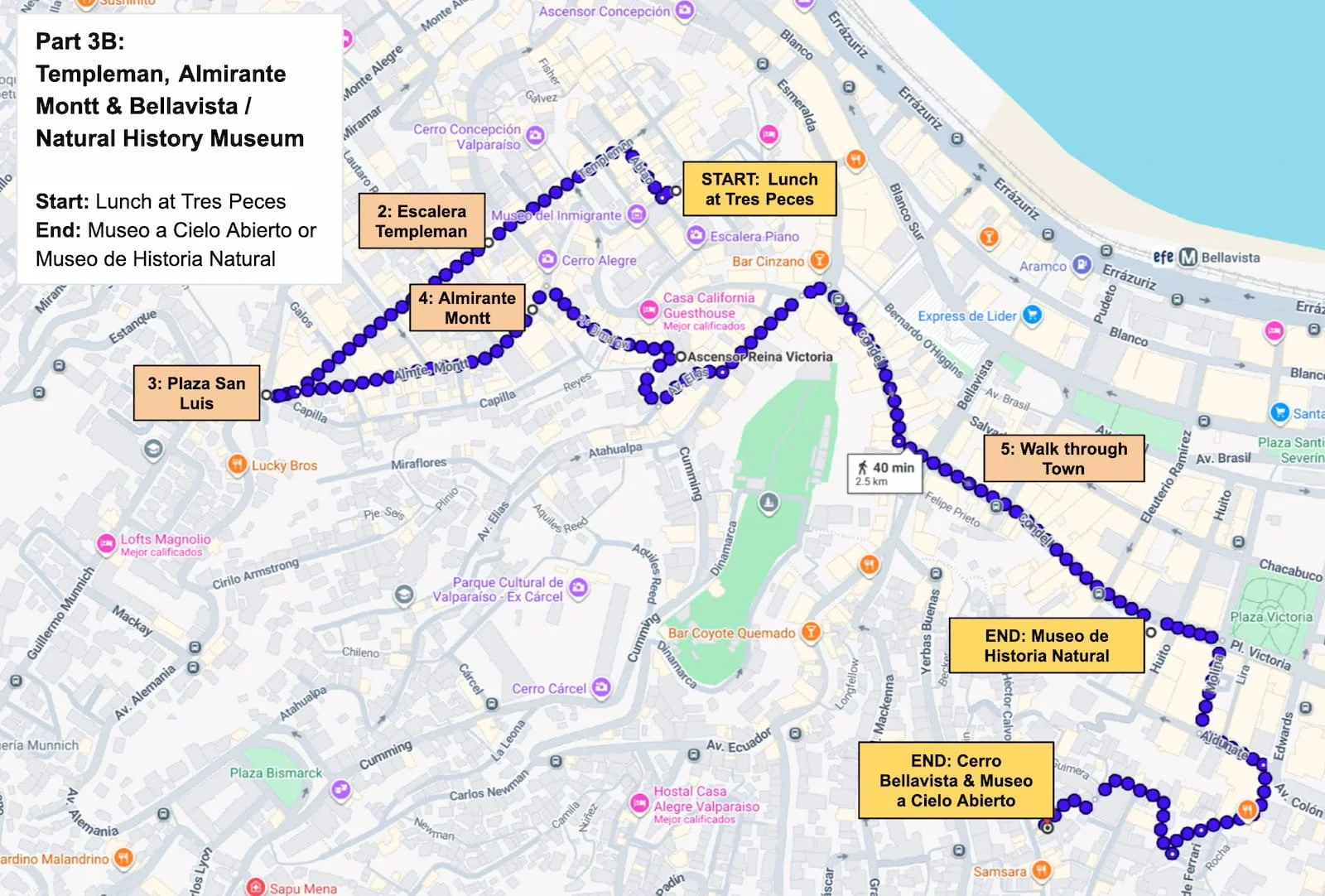Map showing the walking route from Templeman Street and Almirante Montt to Museo a Cielo Abierto and Museo de Historia Natural.