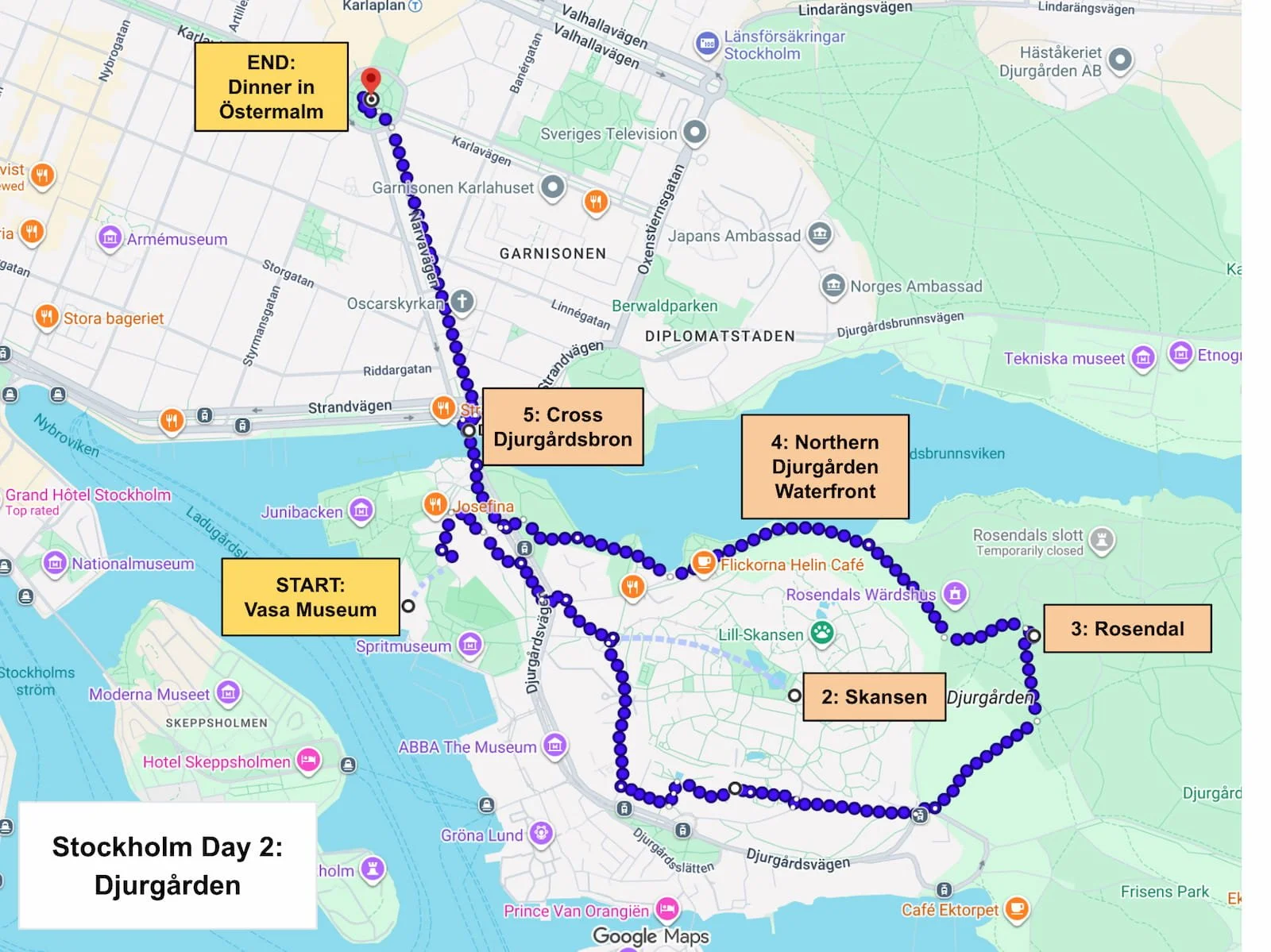 Day 2 route through Djurgården, including the Vasa Museum, Skansen, Rosendal, and Östermalm
