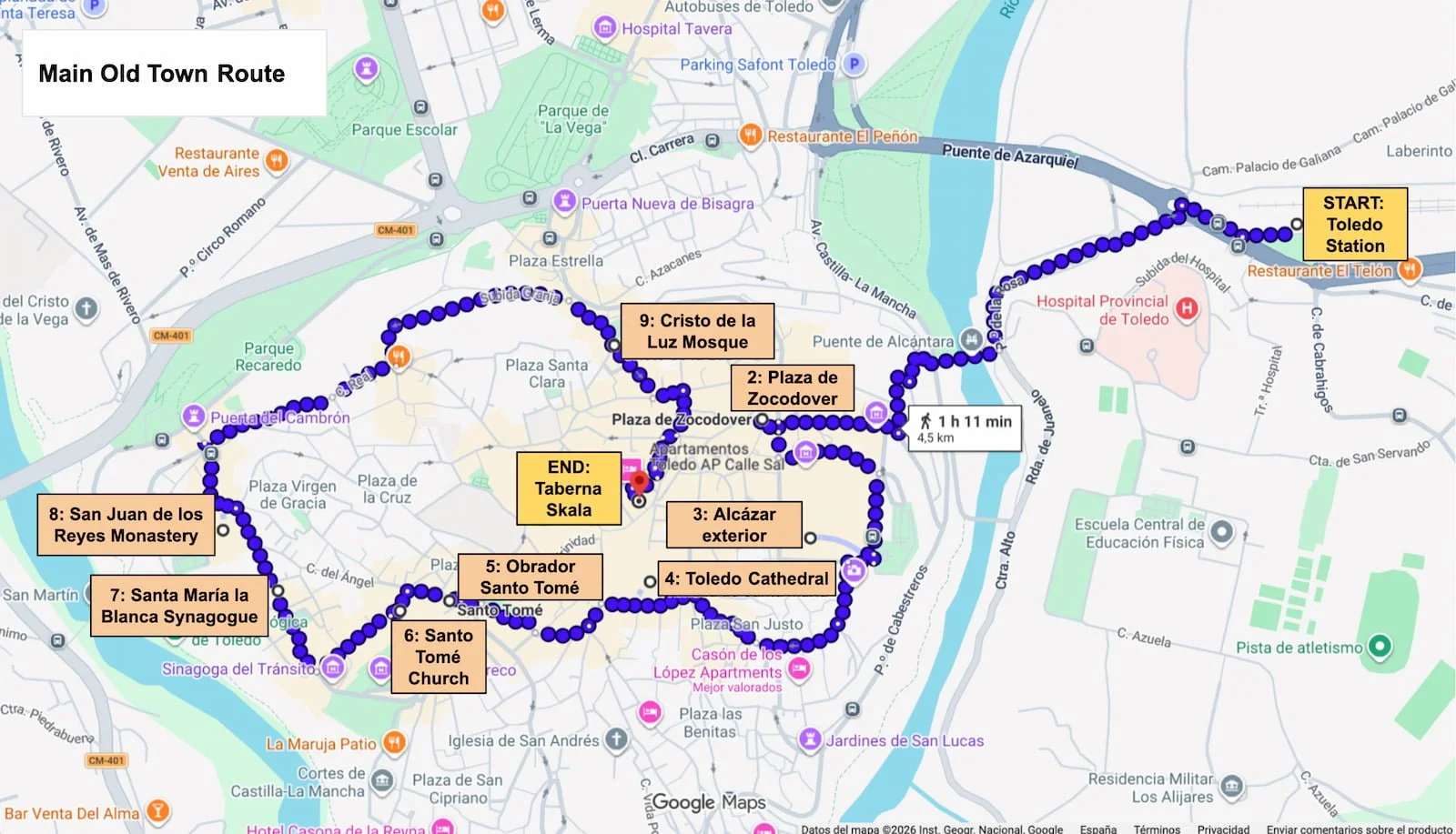 Walking route map through Toledo Old Town for a day trip from Madrid.