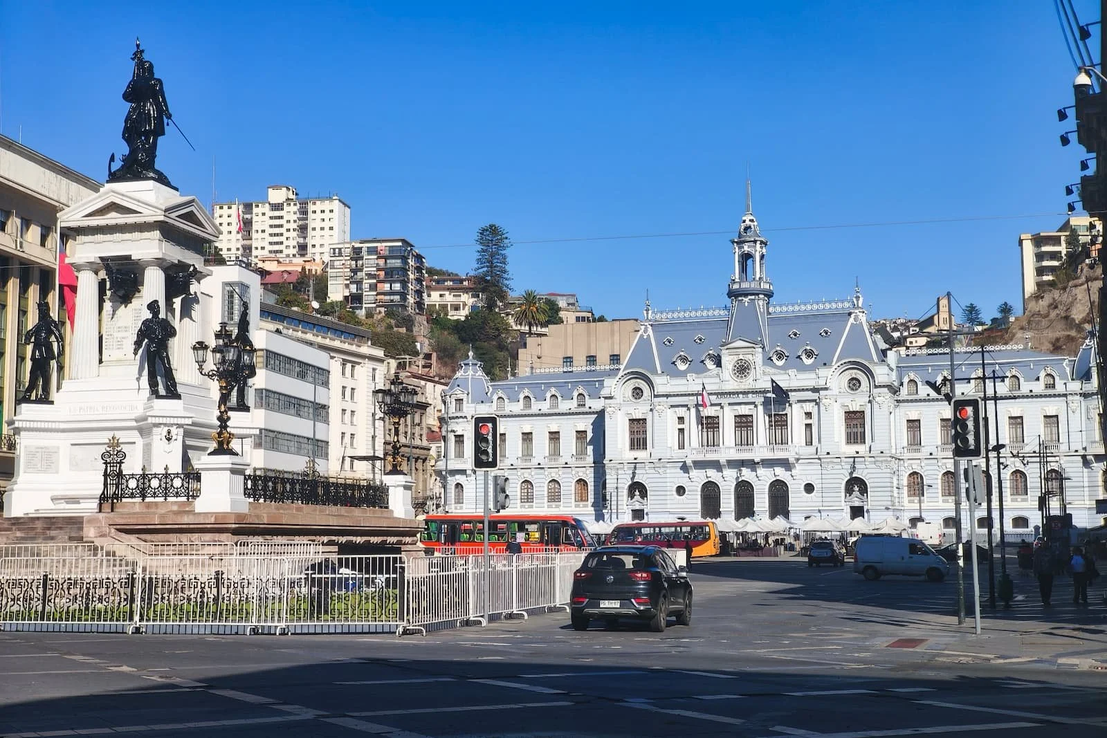 Historic buildings around Plaza Sotomayor in Valparaíso.