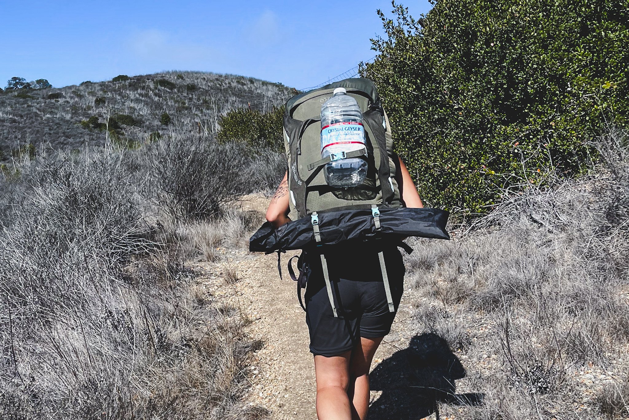 Person carrying an Osprey Farpoint 55L on a hiking trail.