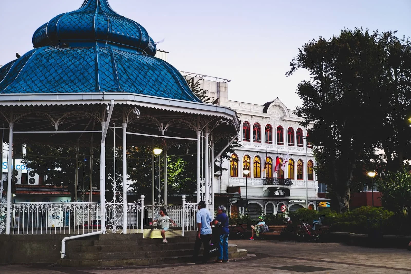 Evening time at Plaza de la República in Valdivia, Chile.
